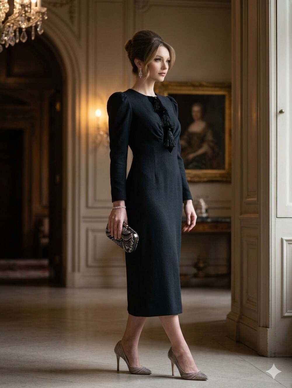 ANTONIO MELANI Alicia Tassel Crepe Black Long-Sleeve Sheath Midi Dress Size 2